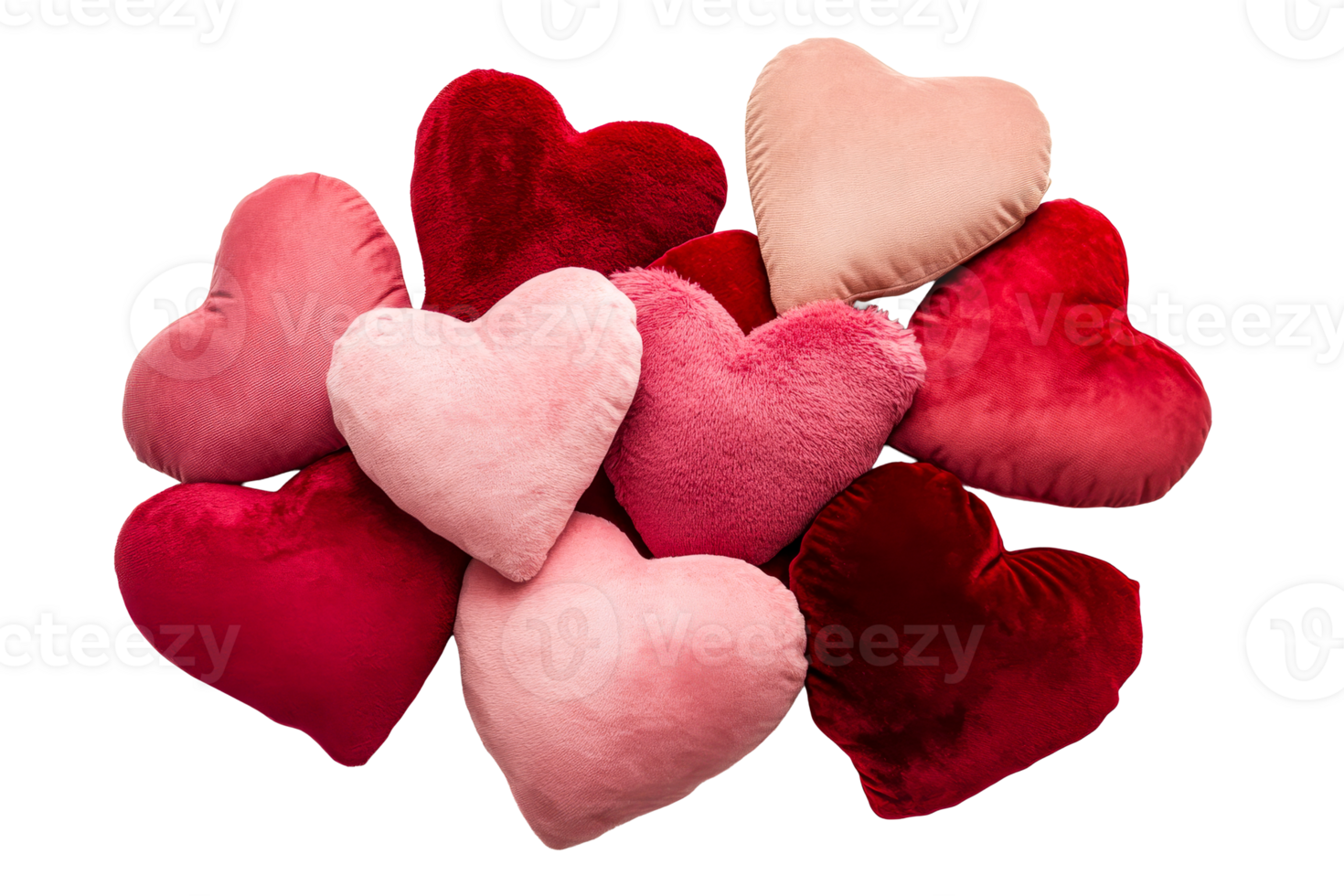 Soft heart shaped pillows in various shades of red and pink png