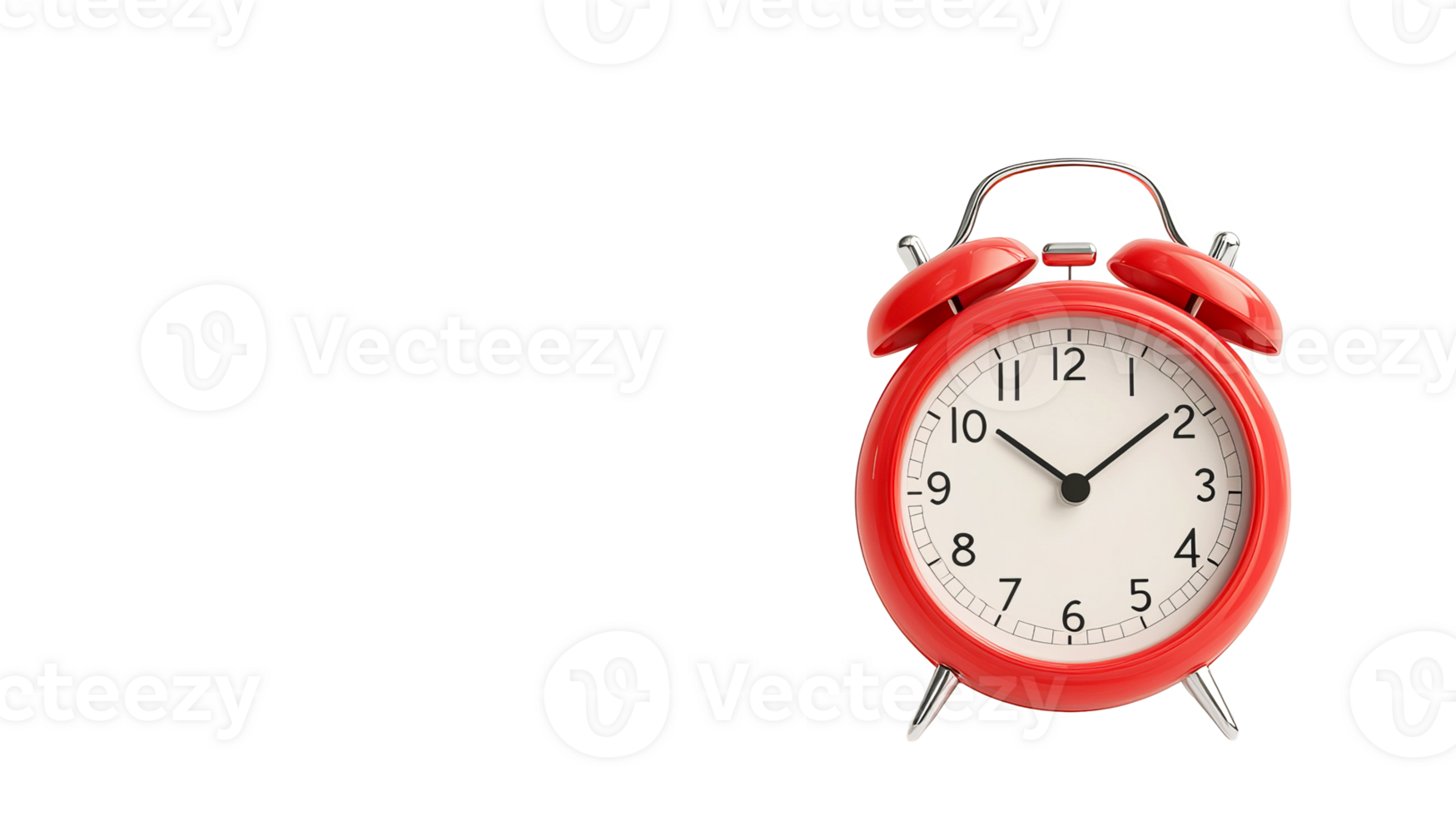 Red alarm clock showing ten past two isolated, cut out transparent png