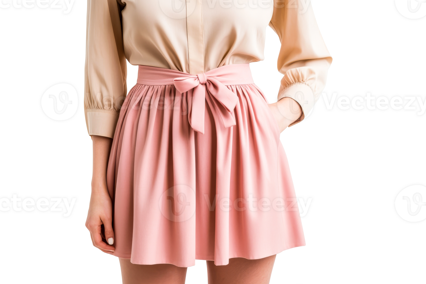 Elegant outfit featuring a pink skirt with a bow detail png