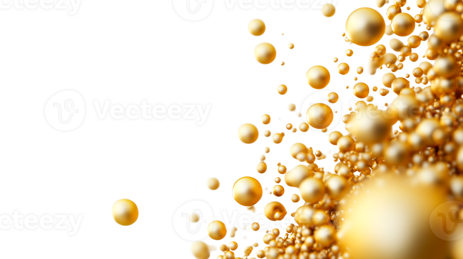 Golden liquid spheres on black background, decorative and shiny , cut out transparent png