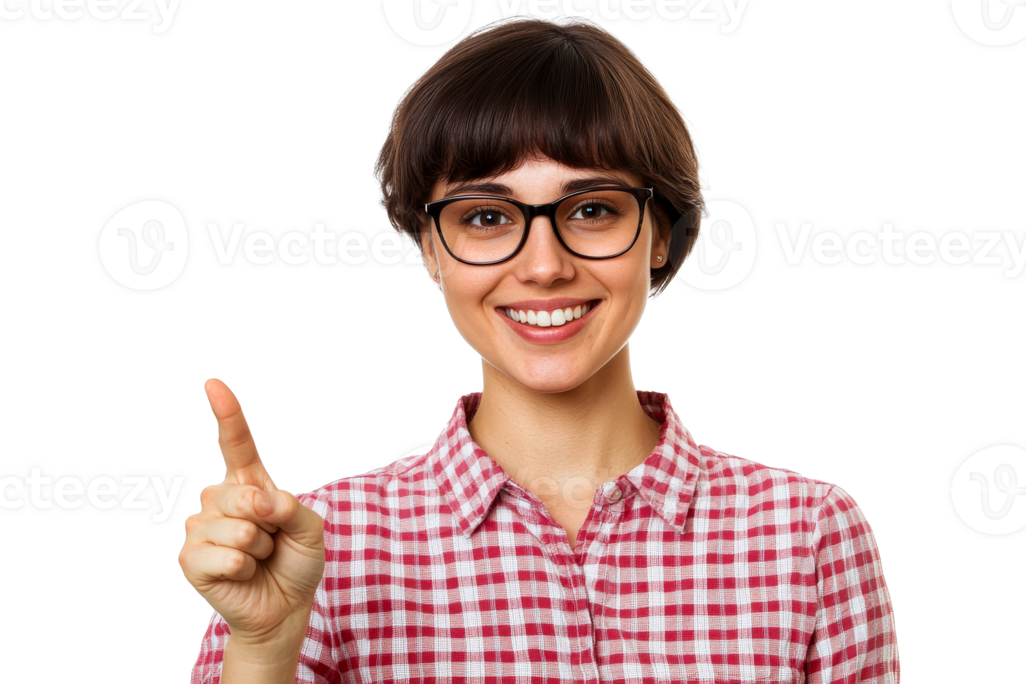 Cheerful woman with glasses pointing up in a bright setting png
