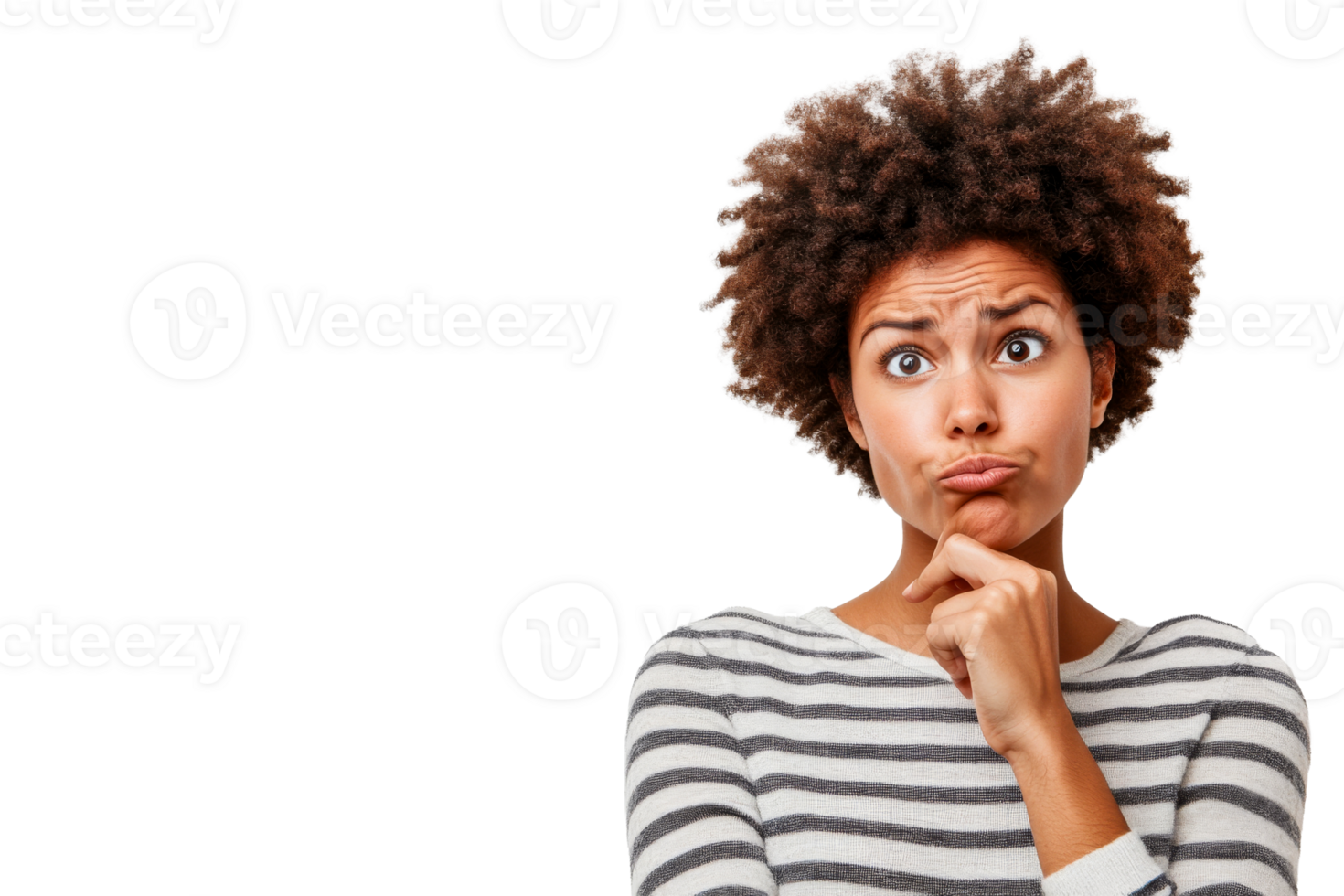 Curly haired woman looks thoughtful on a transparent bg png