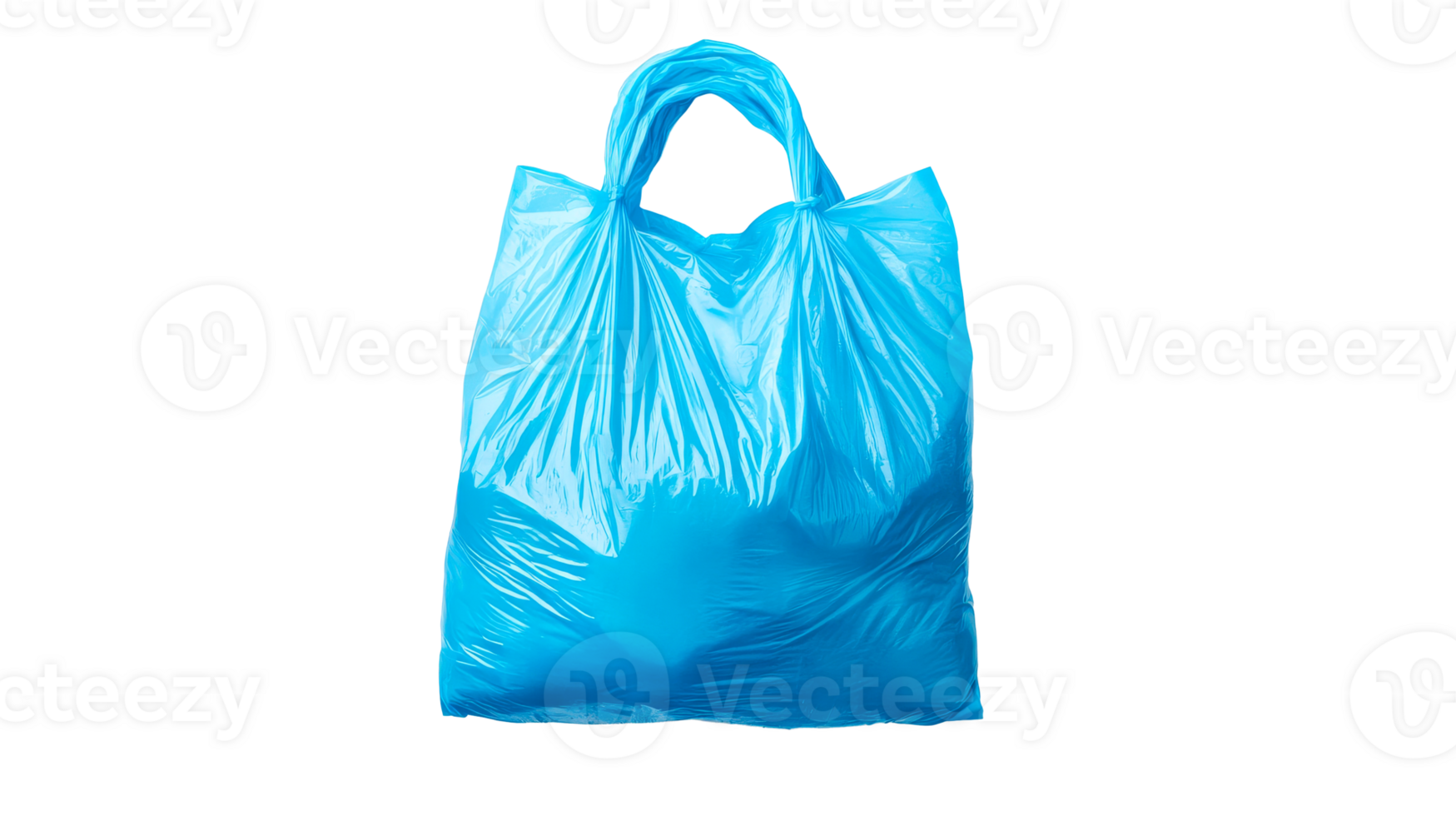 Empty blue plastic shopping bag with handles on black background, cut out transparent png