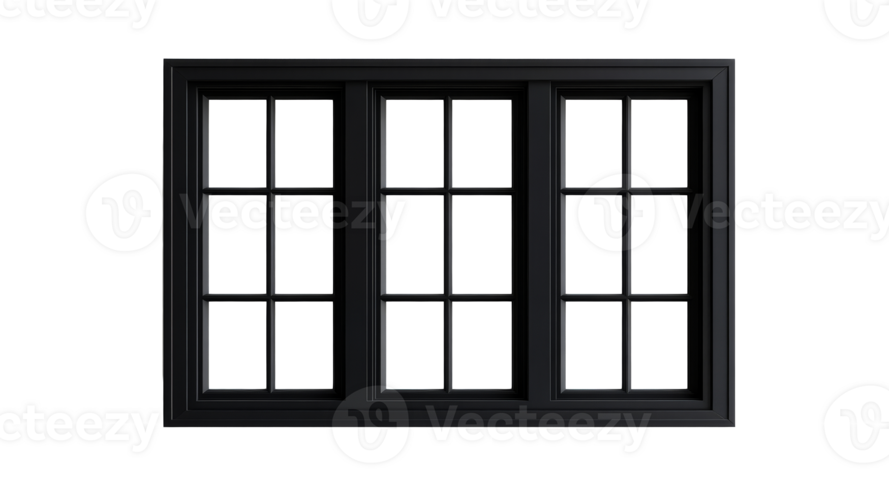 Black frame window with multiple panes, cut out transparent png