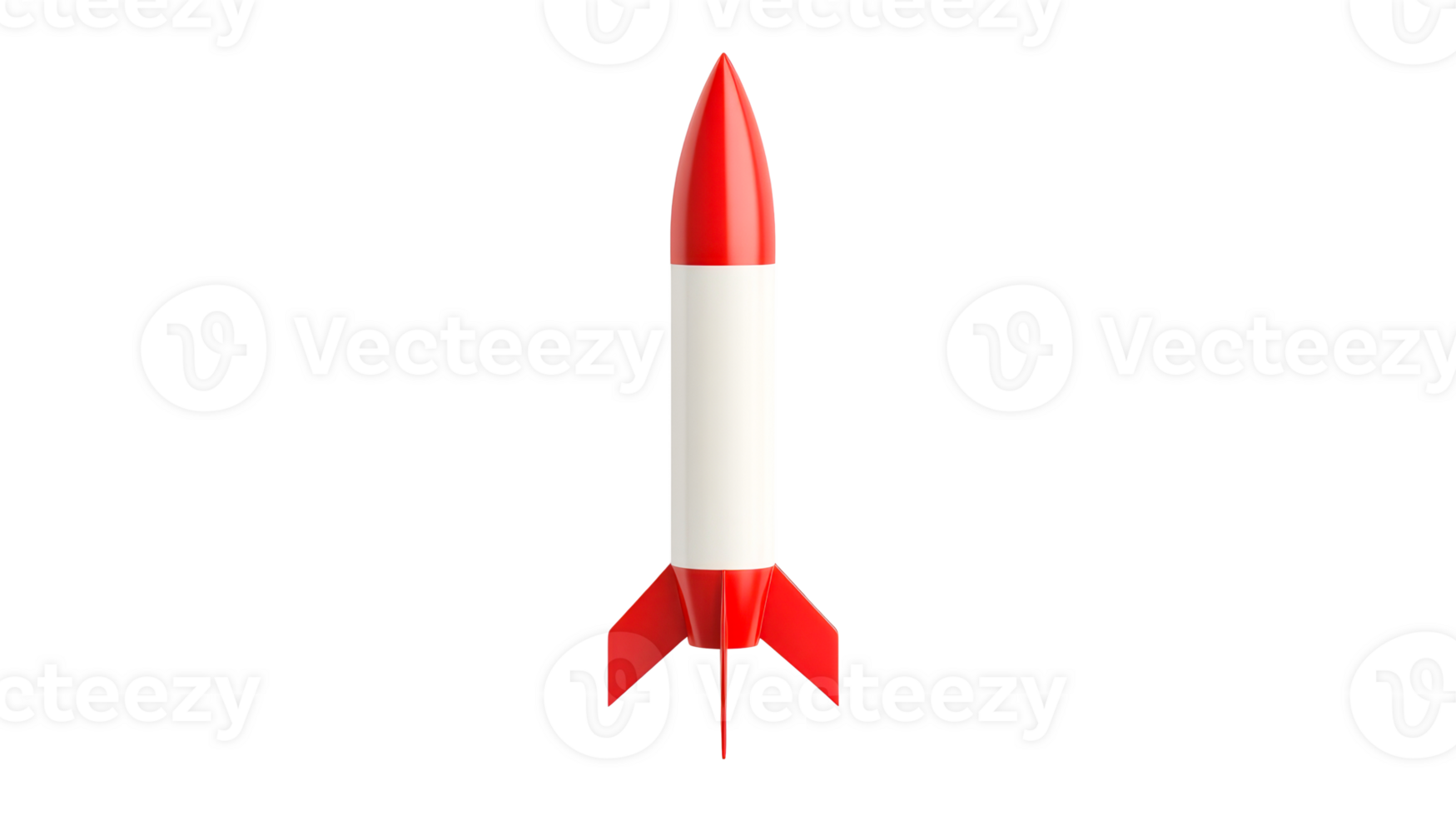 Red and white toy rocket standing upright against black background, cut out transparent png