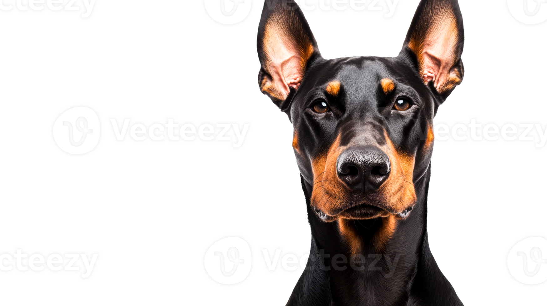 Focused headshot of an alert Doberman Pinscher against black backdrop, cut out transparent png