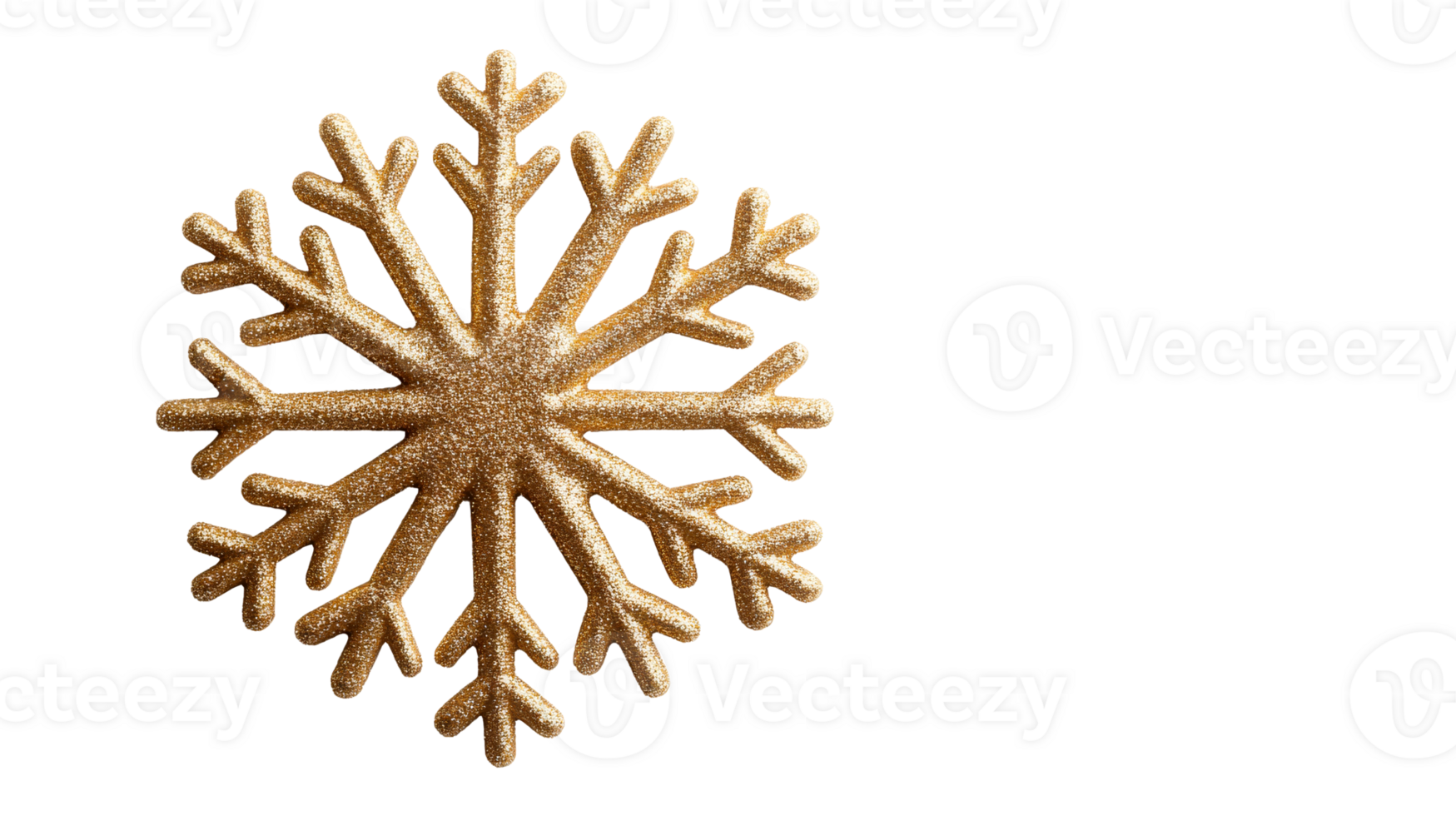 Golden snowflake on black background, cut out transparent png