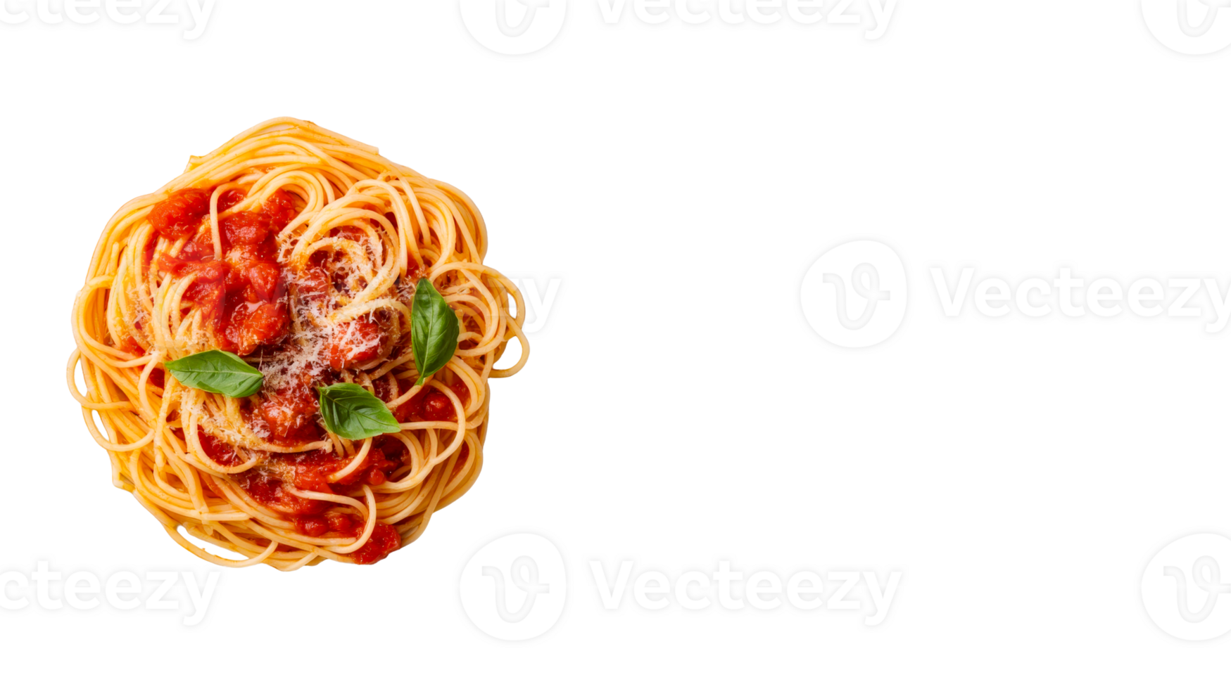 Spaghetti with tomato sauce, basil, cheese, isolated, cut out transparent png