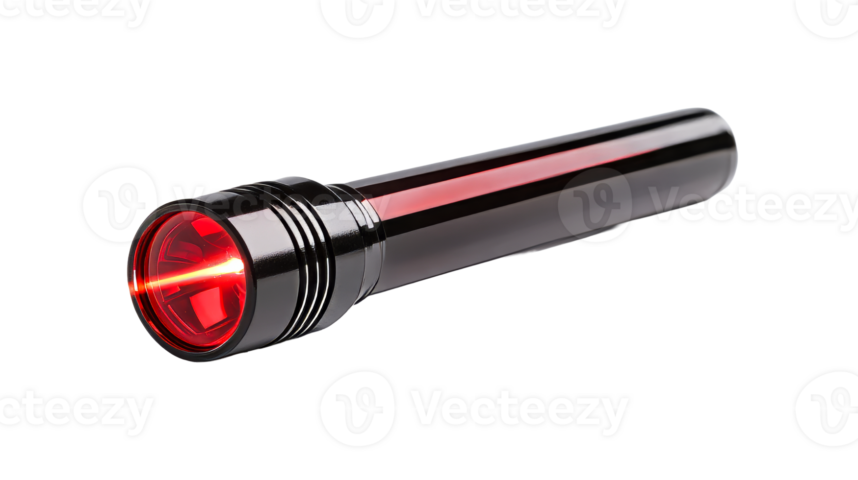 Sleek black flashlight emits a vibrant red beam, darkness fighter, cut out transparent png
