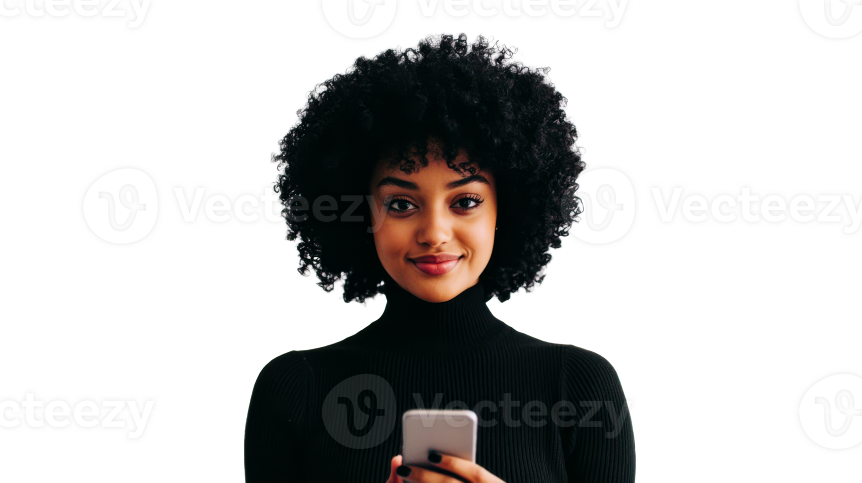 Smiling woman with afro holding cellphone, cut out transparent png
