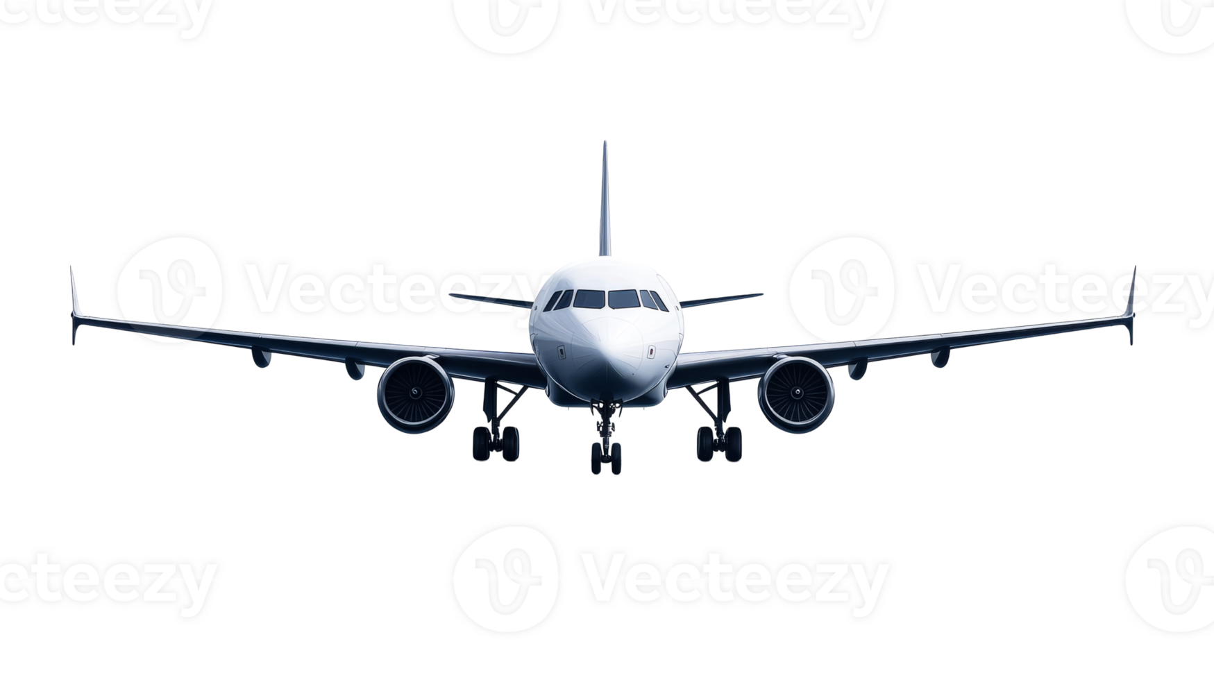 Modern airliner front view on approach, cut out transparent png