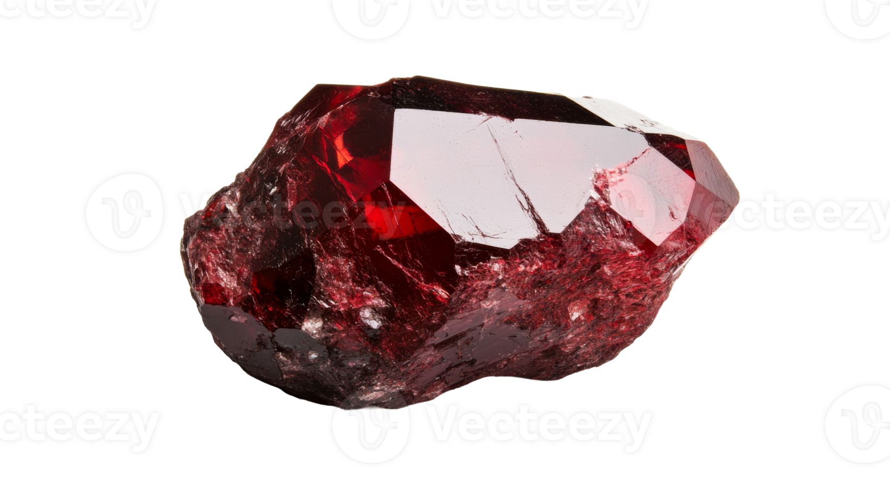 Red crystal mineral specimen on black background, cut out transparent png