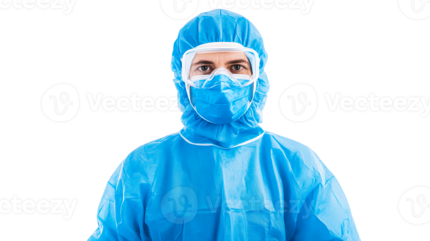 Person in full protective suit stares at camera, cut out transparent png