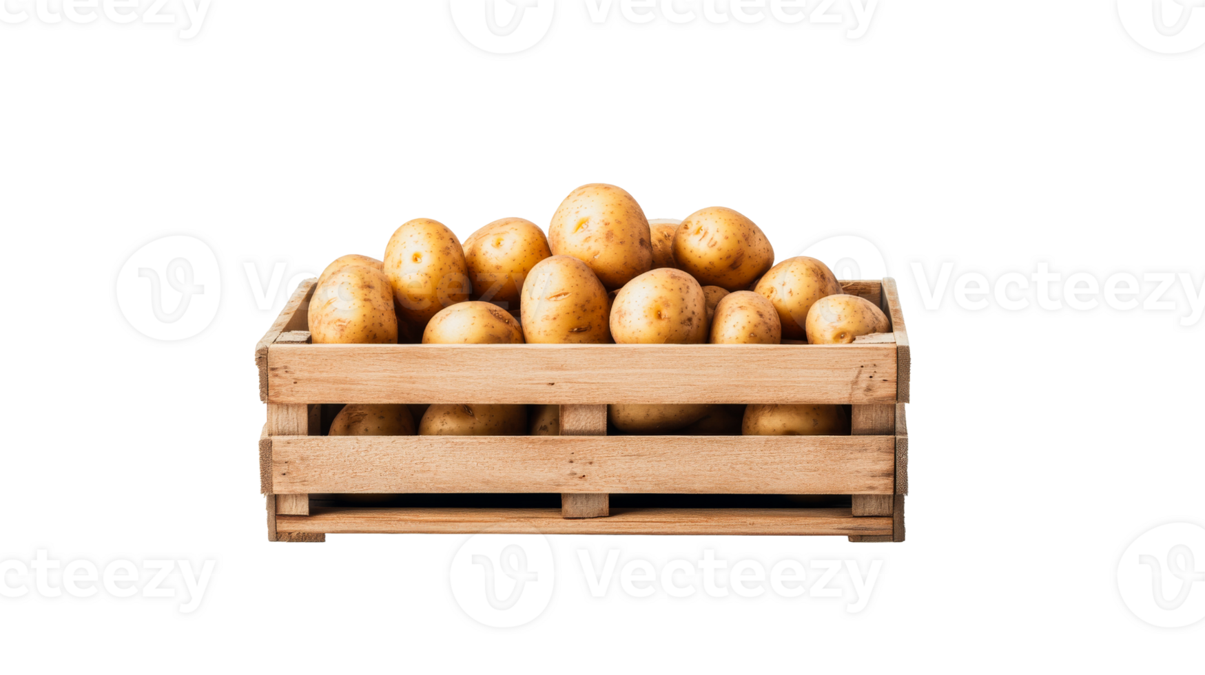 Potatoes in wooden crate, uncooked food concept, raw isolated , cut out transparent png