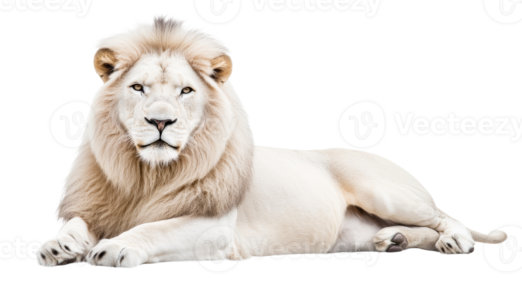 Majestic white lion resting on black background, cut out transparent png