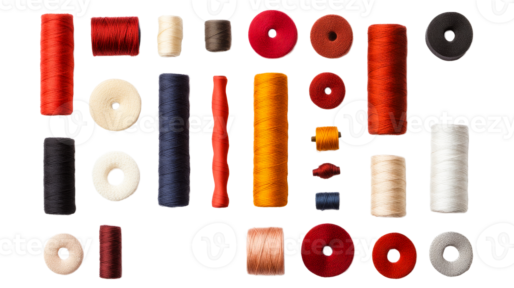 Thread spools in various colors and sizes, cut out transparent png