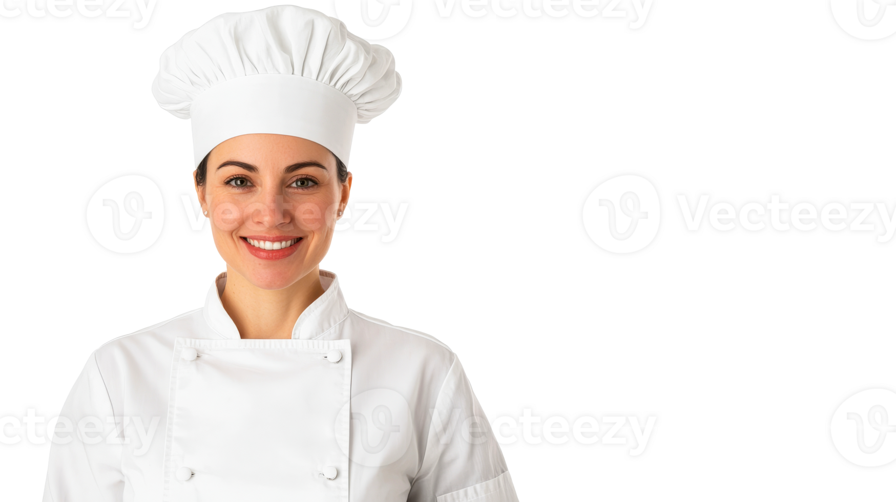 Female chef wearing a white uniform and hat smiling brightly png