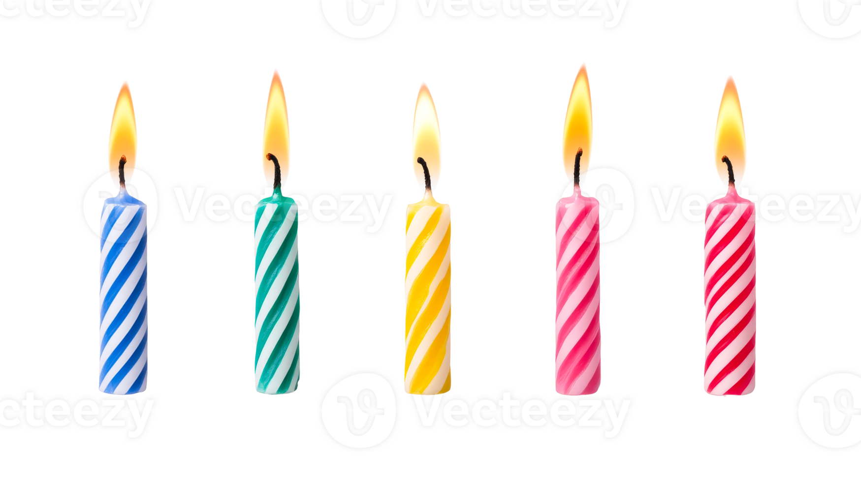 Striped candles stand in a row. Isolated bright candles , cut out transparent png