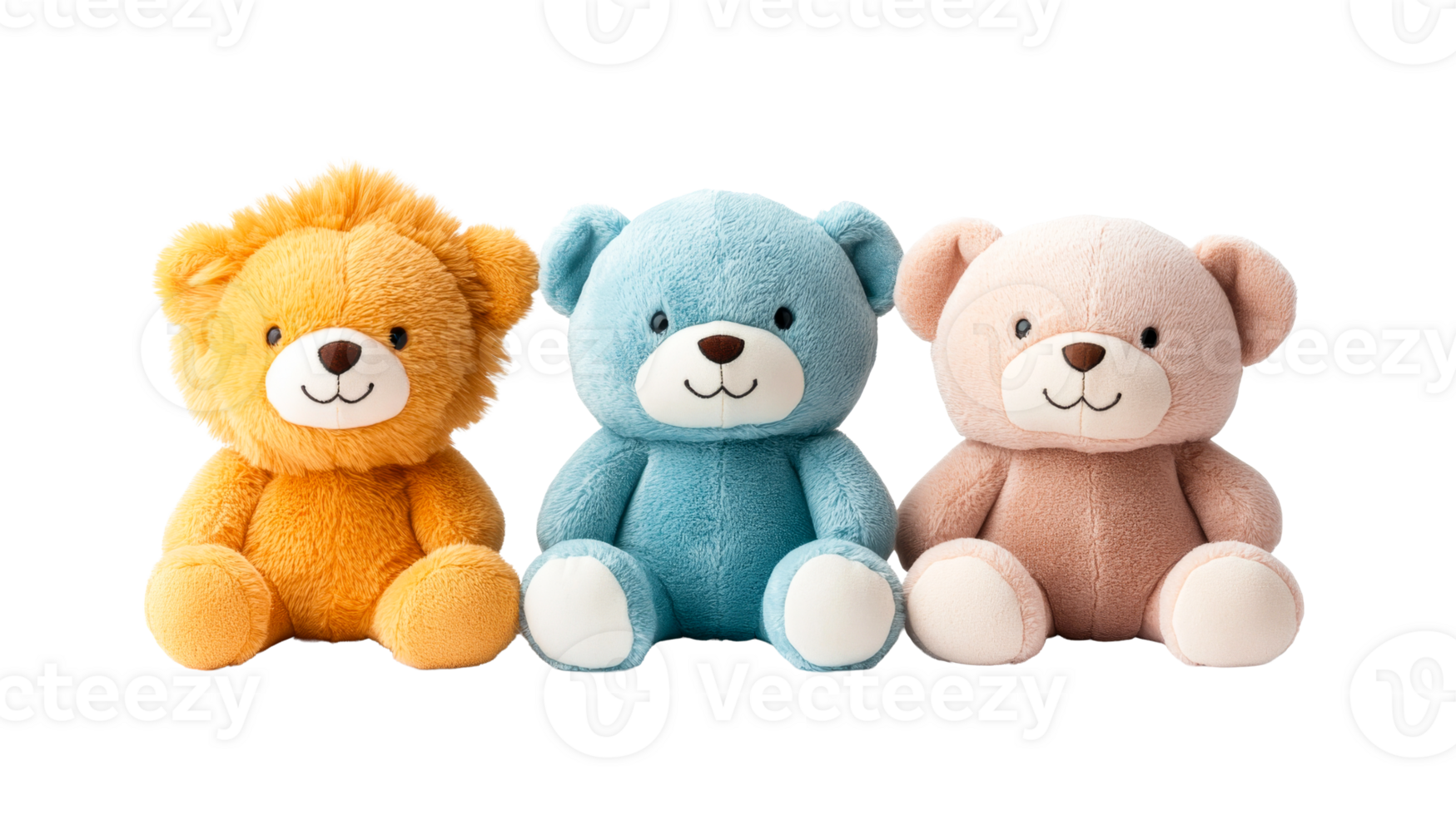 Three plush animals in a row against black background, cut out transparent png