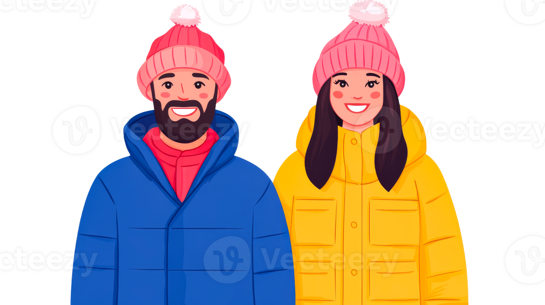 Couple in winter clothes smiling, cartoon style illustration, cut out transparent png