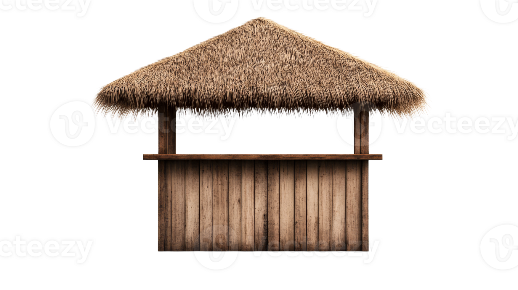 Tiki bar with thatch roof and wooden counter, cut out transparent png