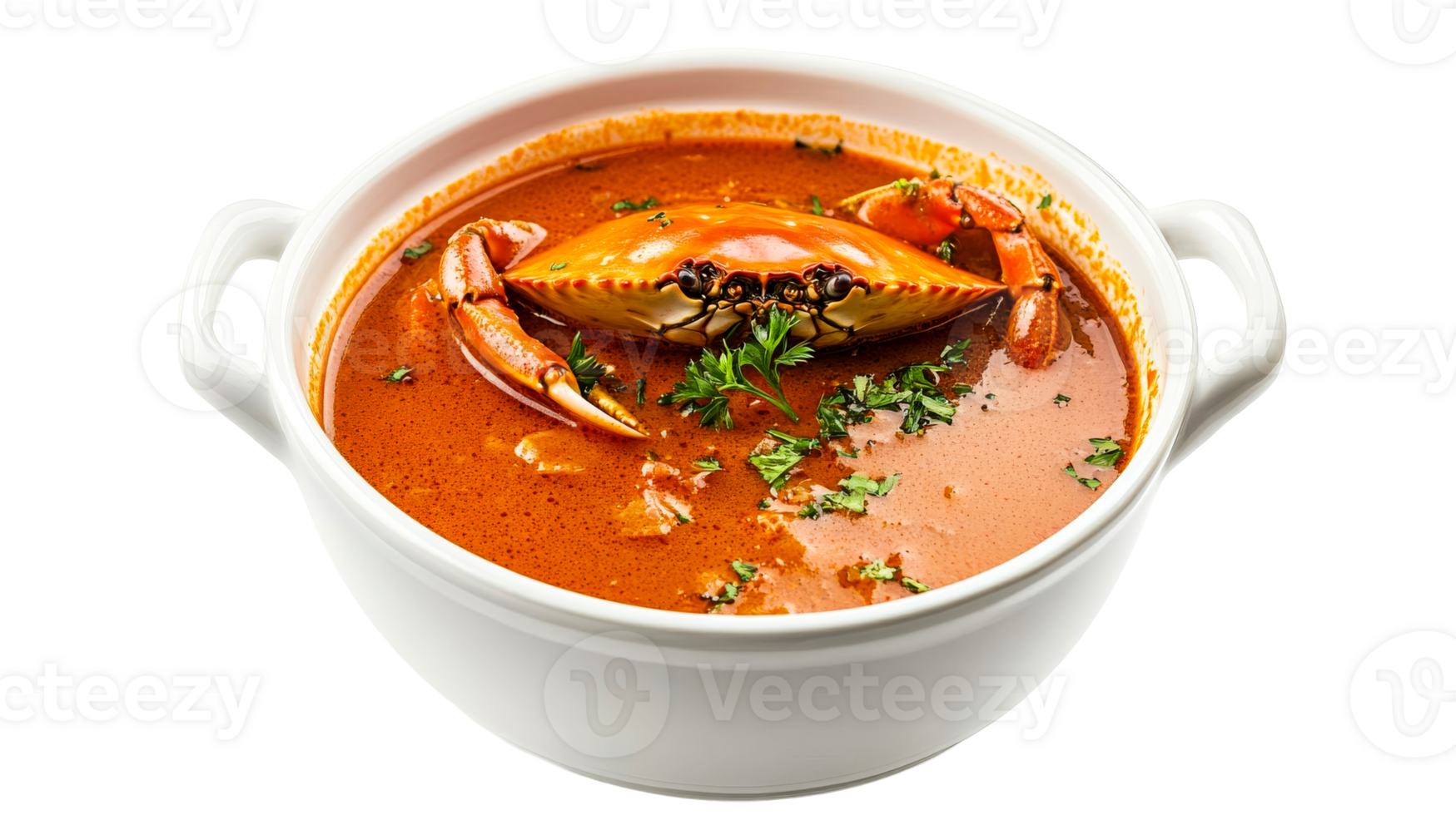 Crab soup in bowl, close-up of the fresh dish, cut out transparent png