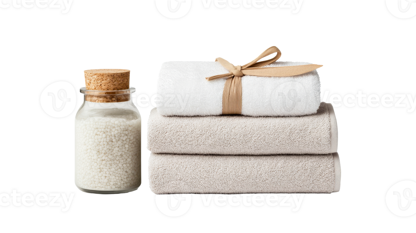 Spa towels and bottle of bath salt still life, cut out transparent png