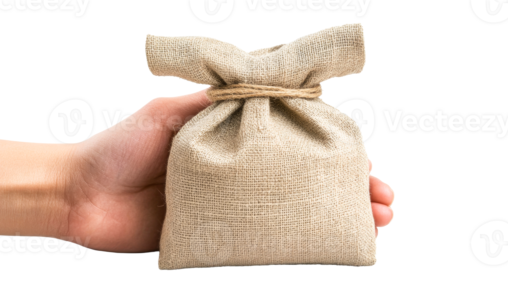 Human hand holds a hessian sack filled, tied with string, cut out transparent png