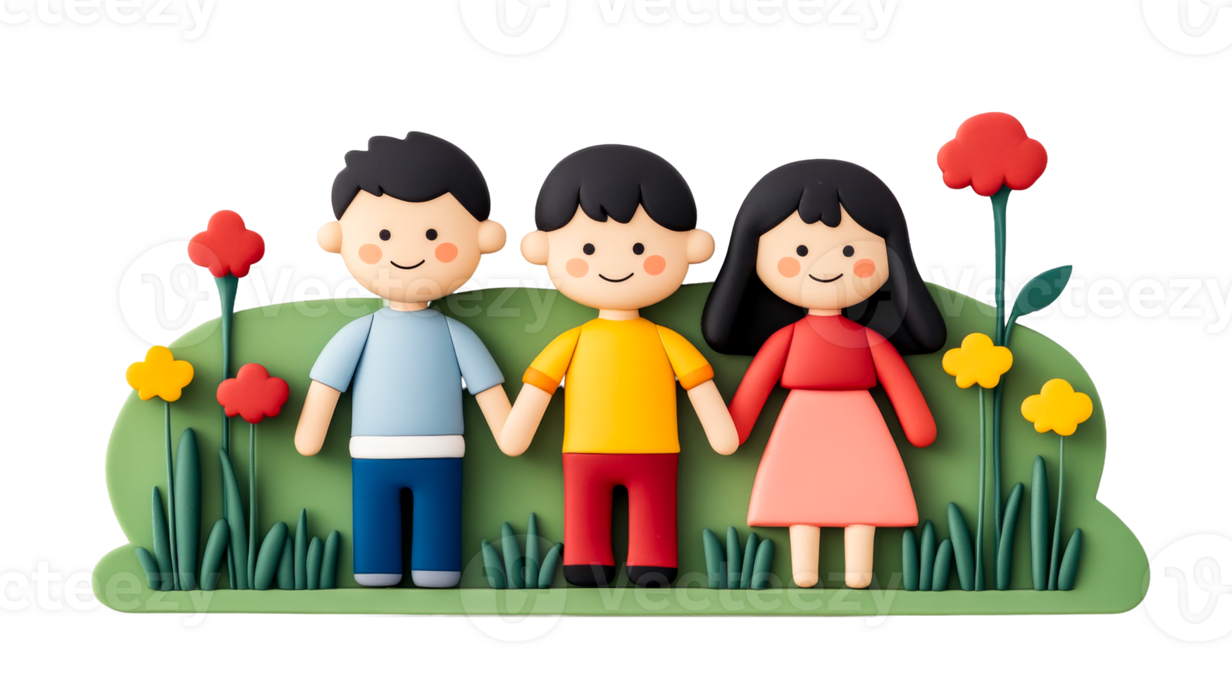Happy children holding hands in the garden, clay art, cut out transparent png