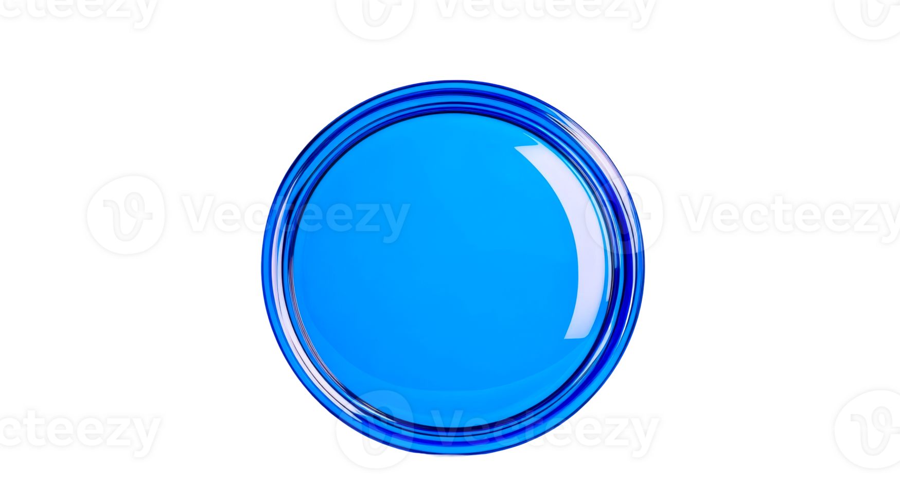 Blue button with glass effect on black background, cut out transparent png