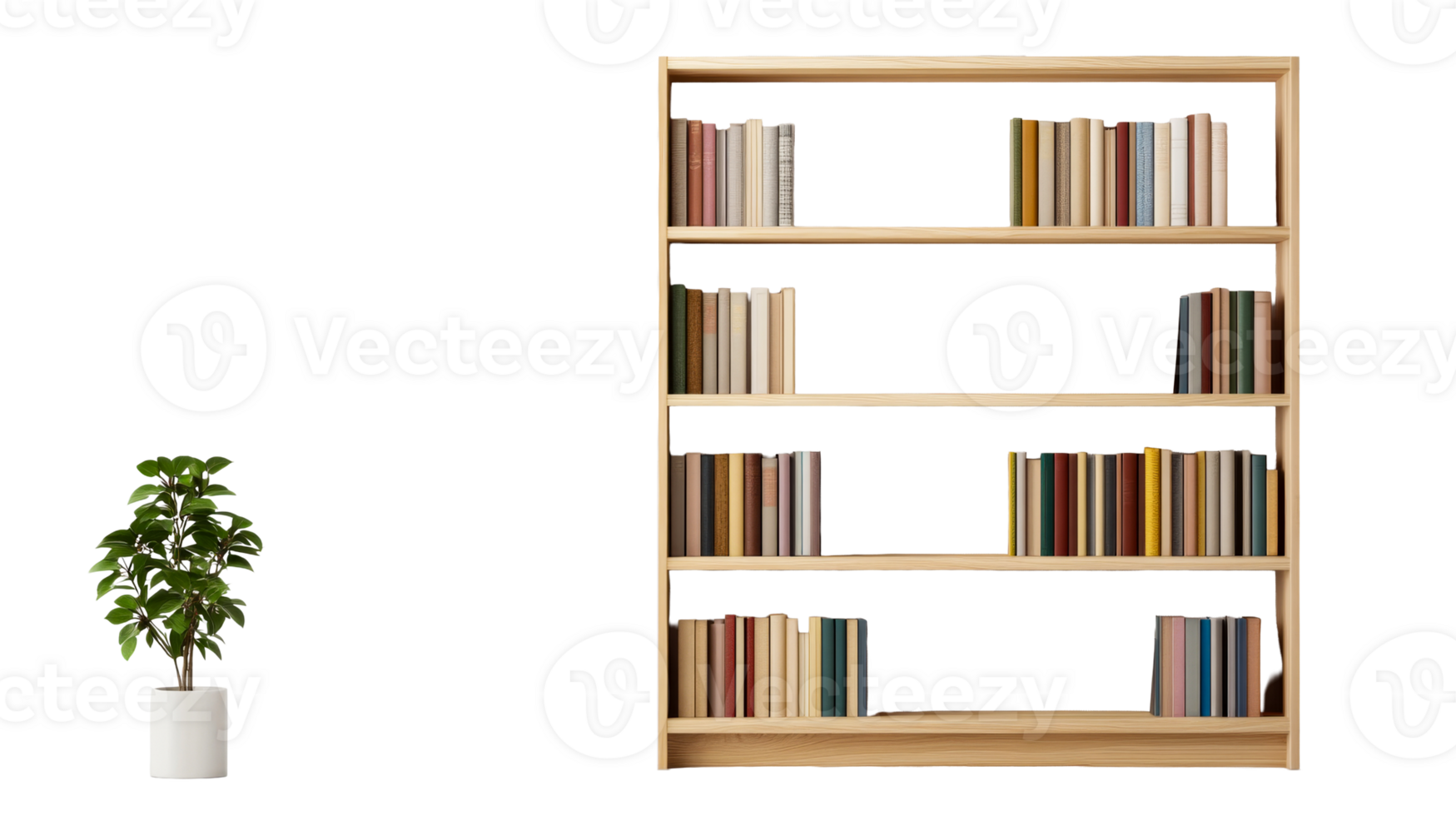 Bookshelves with plant, book collection, cut out transparent png