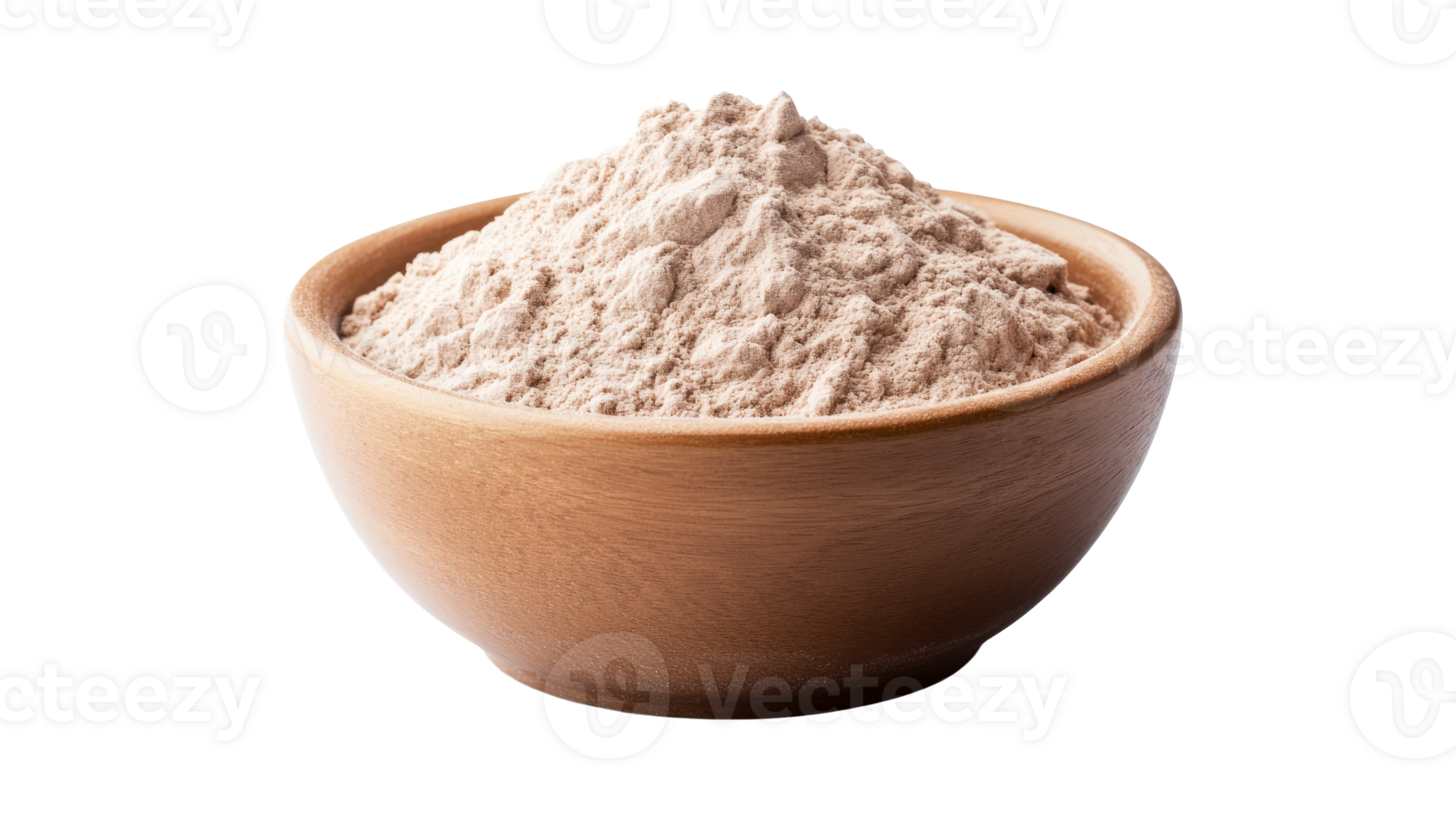 Bowl with brown flour, full, powder heap inside, isolated, cut out transparent png