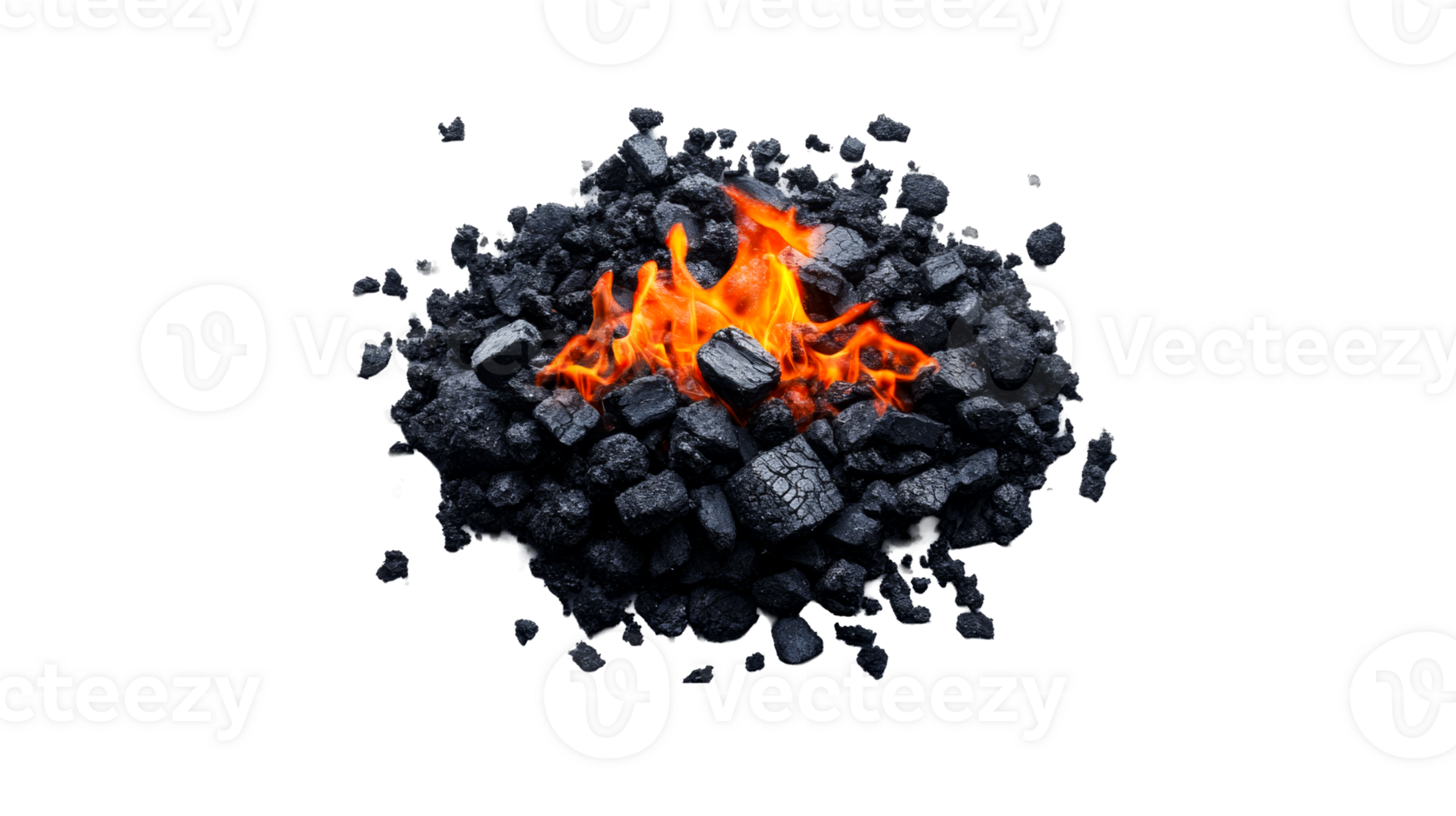 Burning anthracite coal flames black background, cut out transparent png