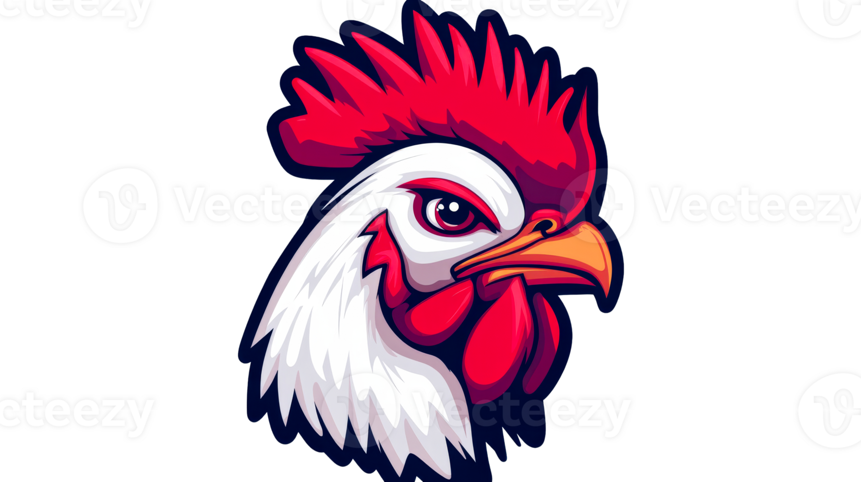 Cartoon rooster head with a red comb and white feathers, cut out transparent png