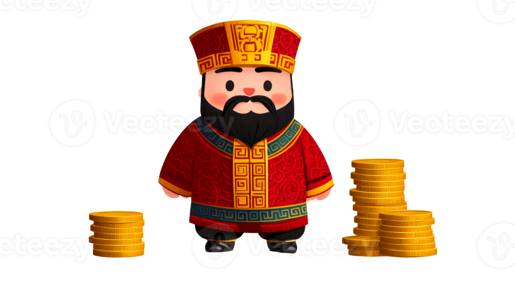 Cartoon figure with stacks of coins on a black background, cut out transparent png