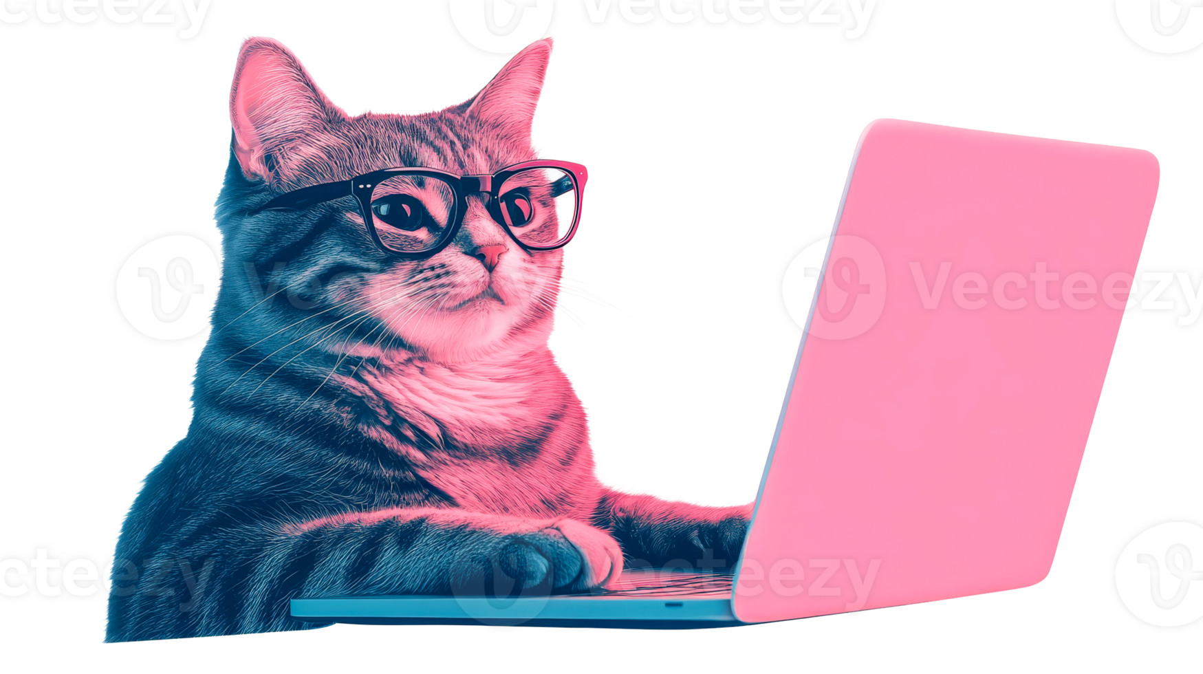 Cat with glasses working on a laptop in pop art style, cut out transparent png