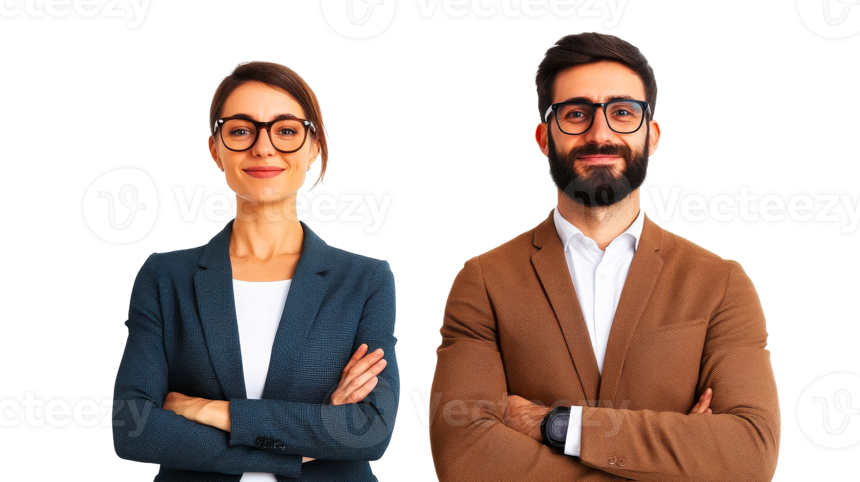 Successful businesswoman and businessman in suits, cut out transparent png