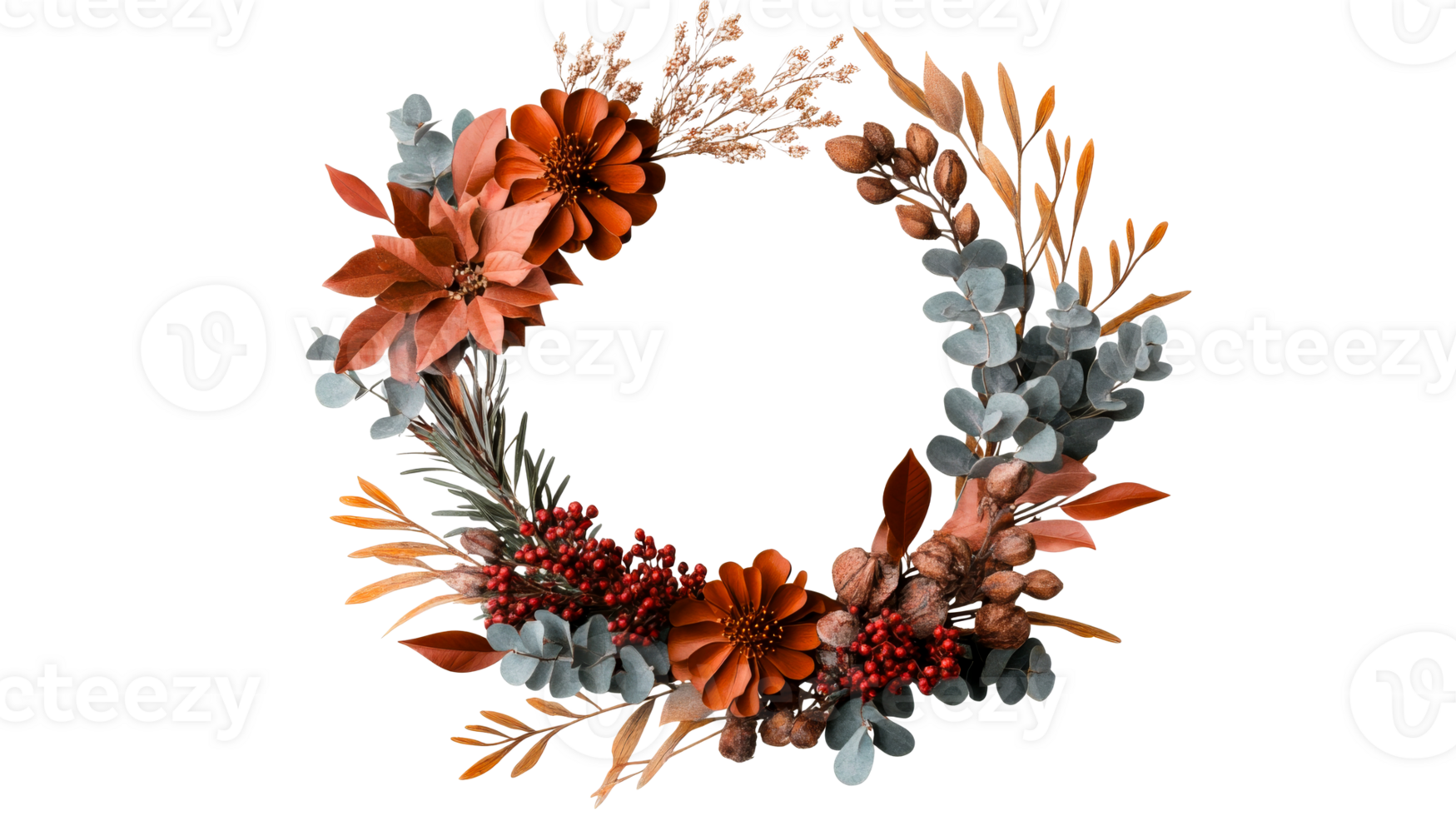 Autumnal wreath of flowers and leaves in warm colors, cut out transparent png