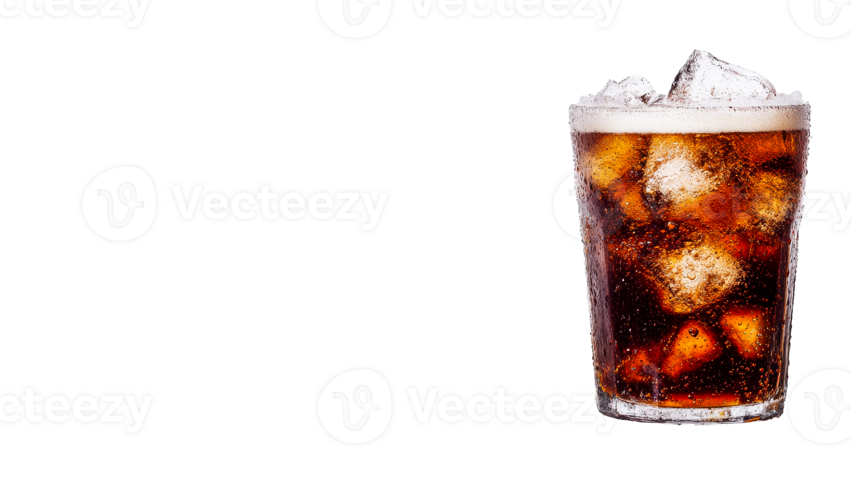 Refreshing cola drink with ice cubes and condensation on glass, cut out transparent png