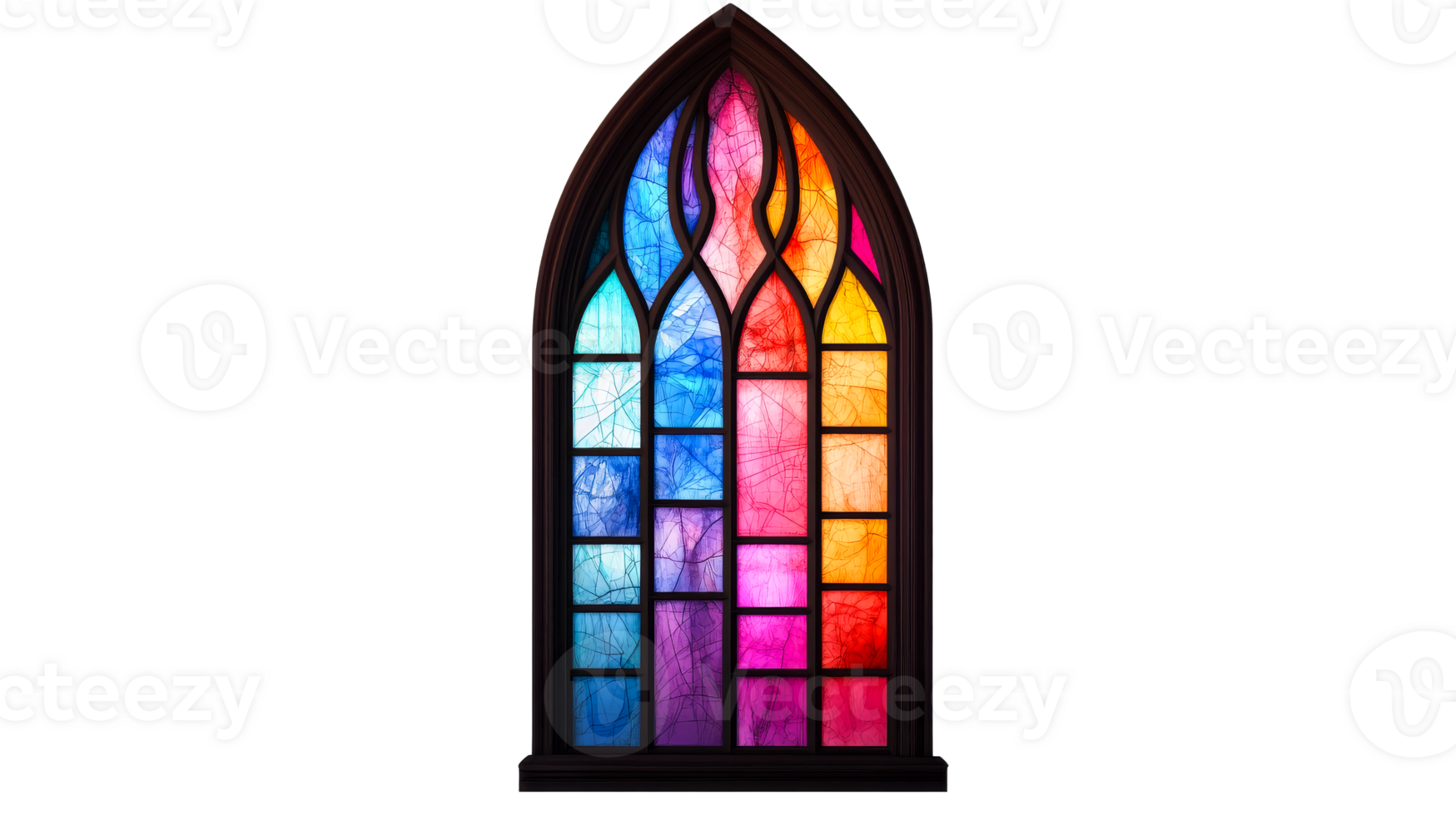 Stained glass window with dark frame, multi-colored, cut out transparent png