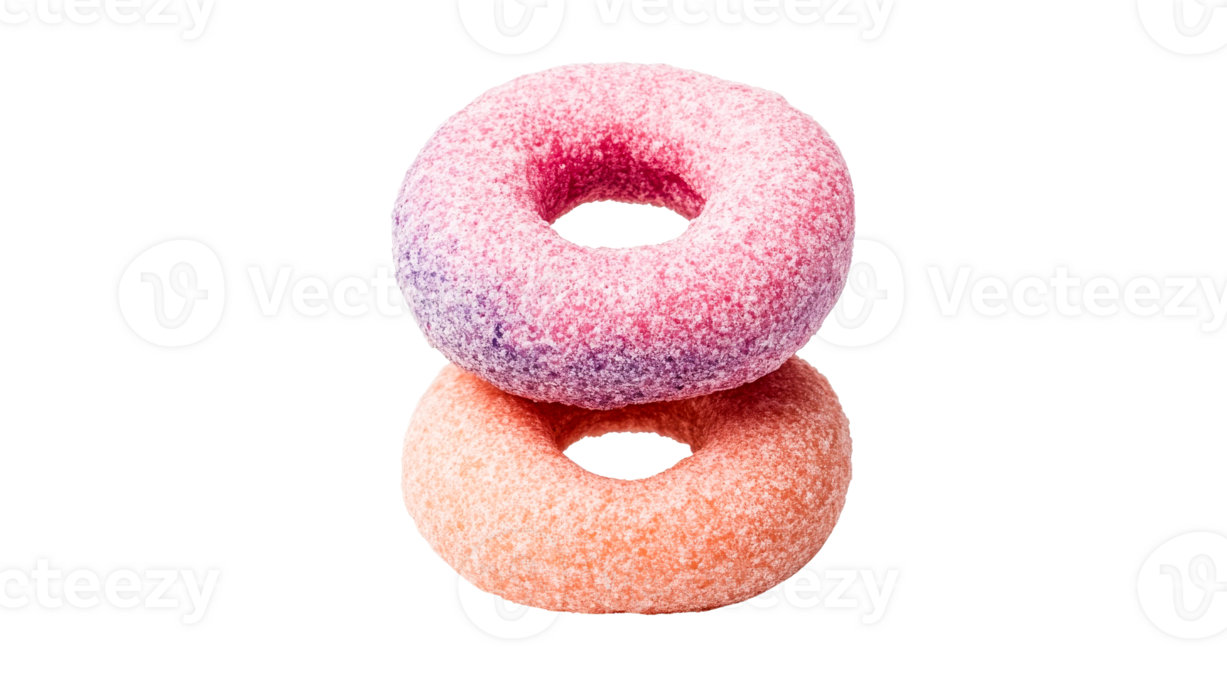 Two colorful fruit gummy donuts, cut out transparent png