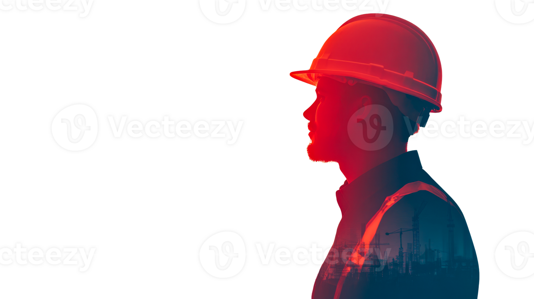Man silhouette in hardhat with cityscape overlay, cut out transparent png