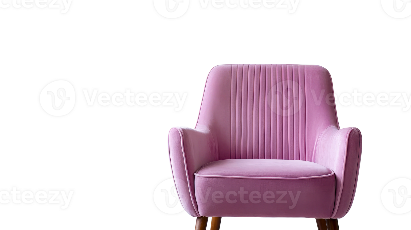 Stylish pink armchair with wooden legs on black background, cut out transparent png