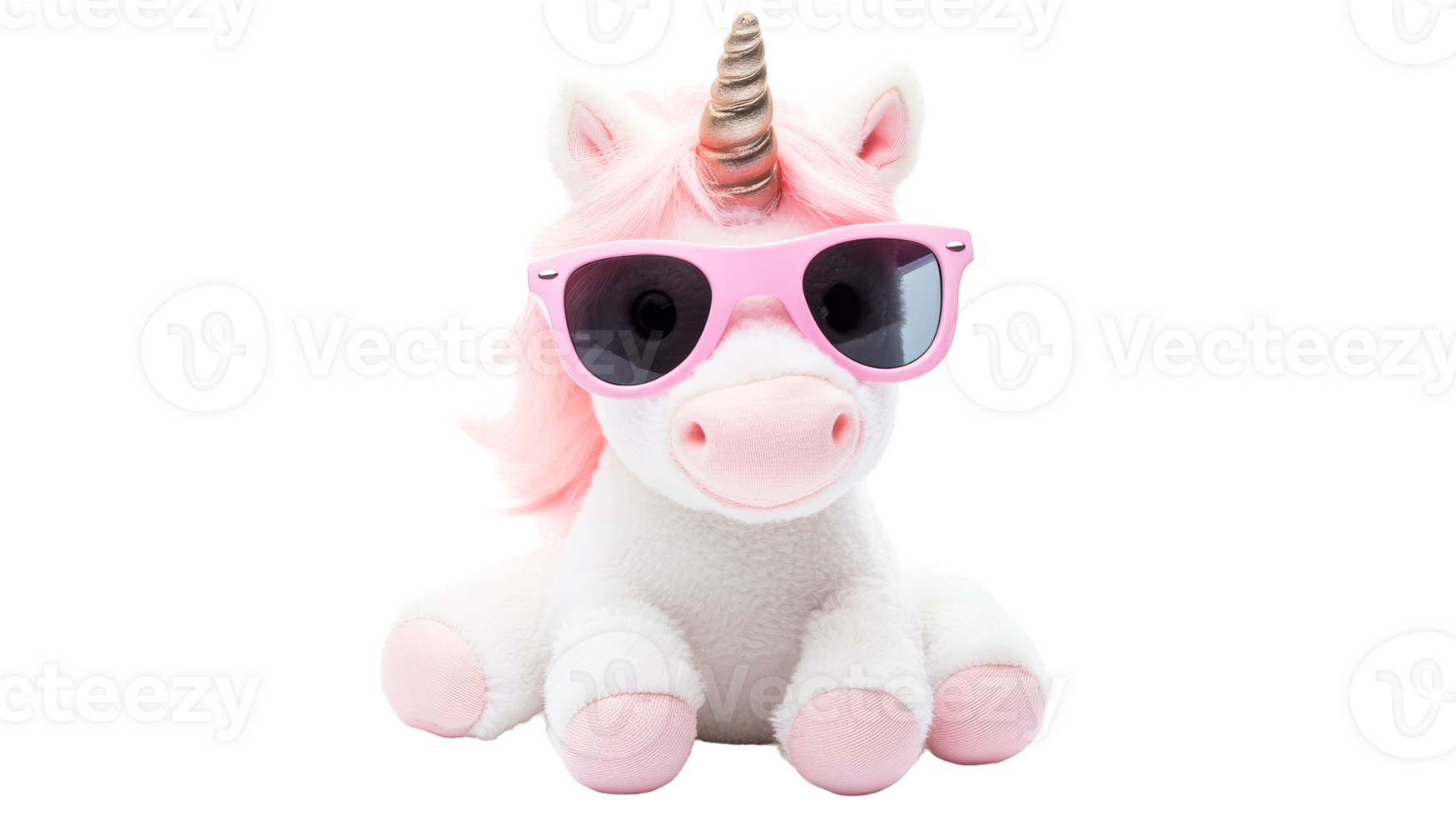 Plush unicorn with sunglasses on black background, cut out transparent png