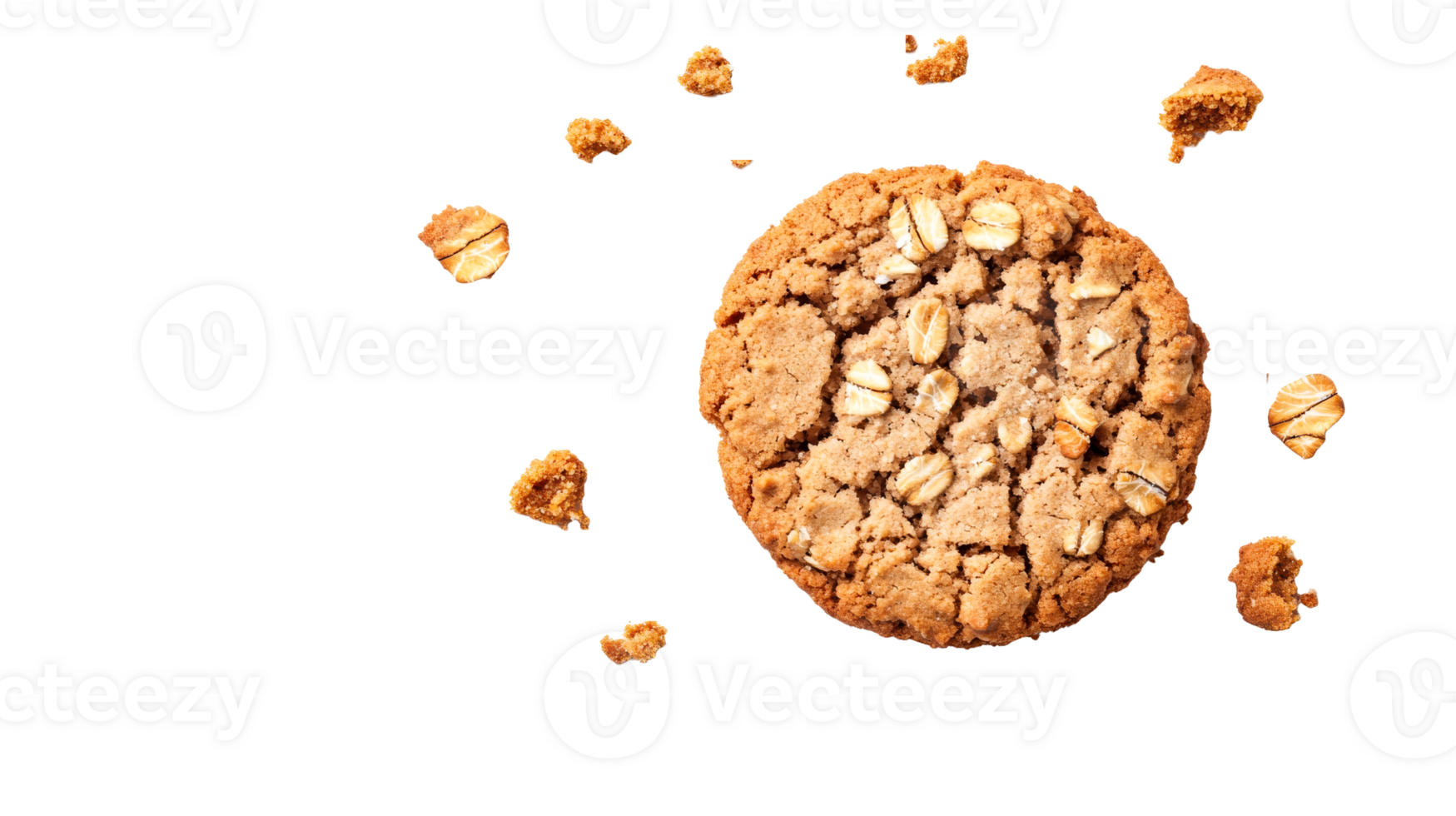 Oatmeal cookie with crumbs in dark studio shot, cut out transparent png