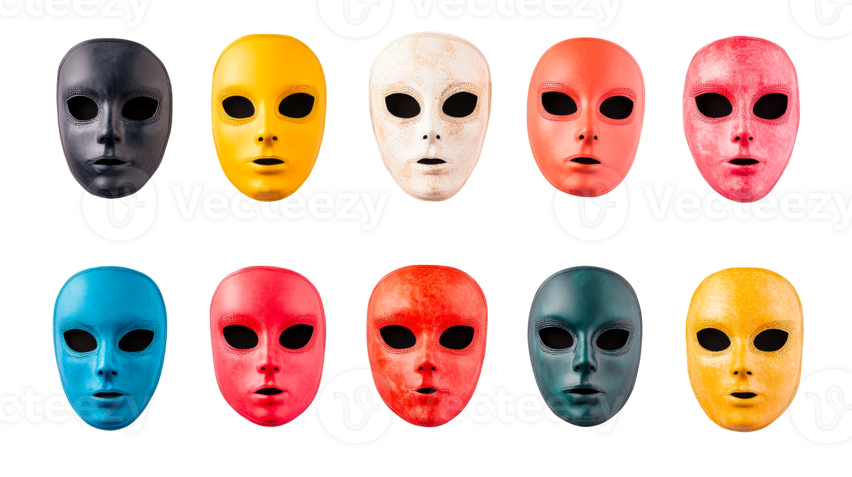 Row of assorted colorful masquerade masks, arranged against black, cut out transparent png