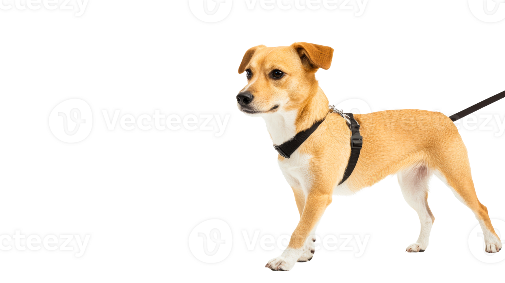 Portrait of a tan-colored dog wearing a harness, cut out transparent png