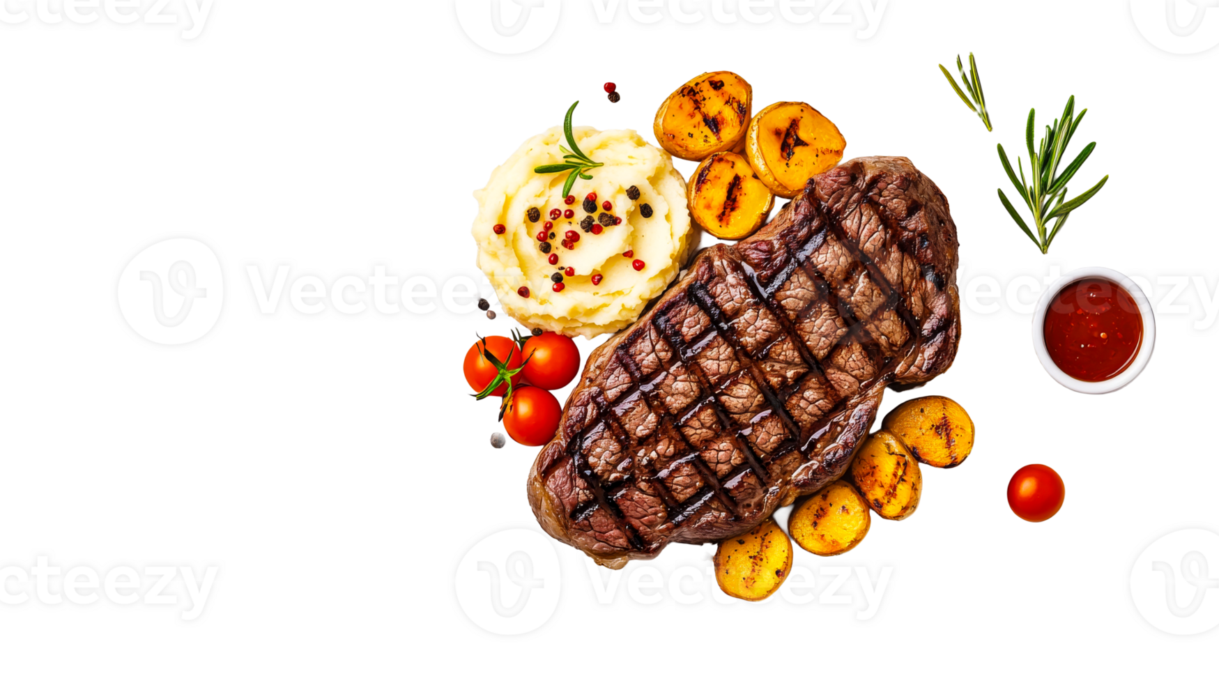 Grilled steak with potatoes, tomatoes, sauce, and mashed potatoes, cut out transparent png