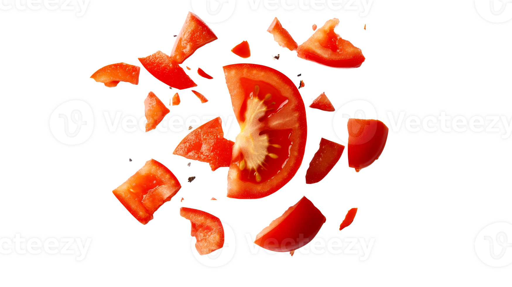 Sliced Tomato Explosion in the Air, Vibrant and Fresh, cut out transparent png