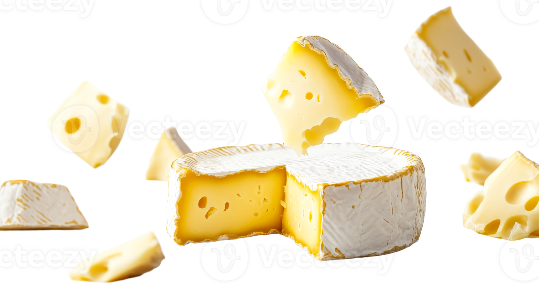 Aromatic cheese assortment with pieces falling, flavorful, cut out transparent png